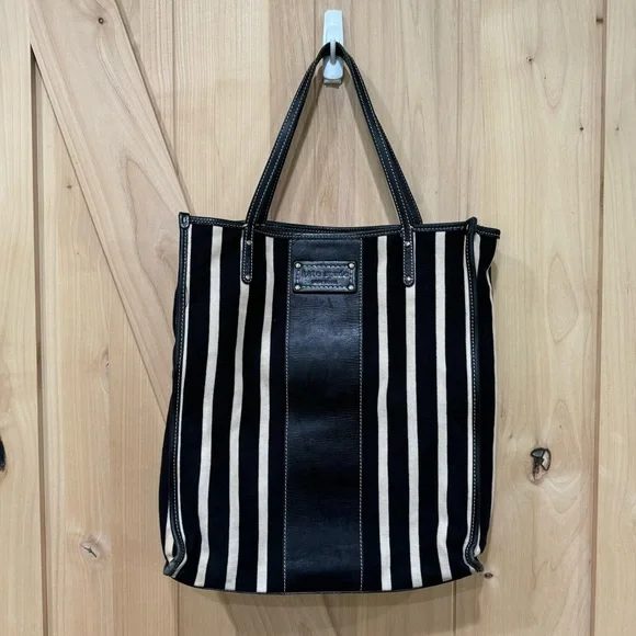Kate Spade Griffen Tote Black Cream Stripe Cloth Leather Shoulder Bag - Picture 1 of 15